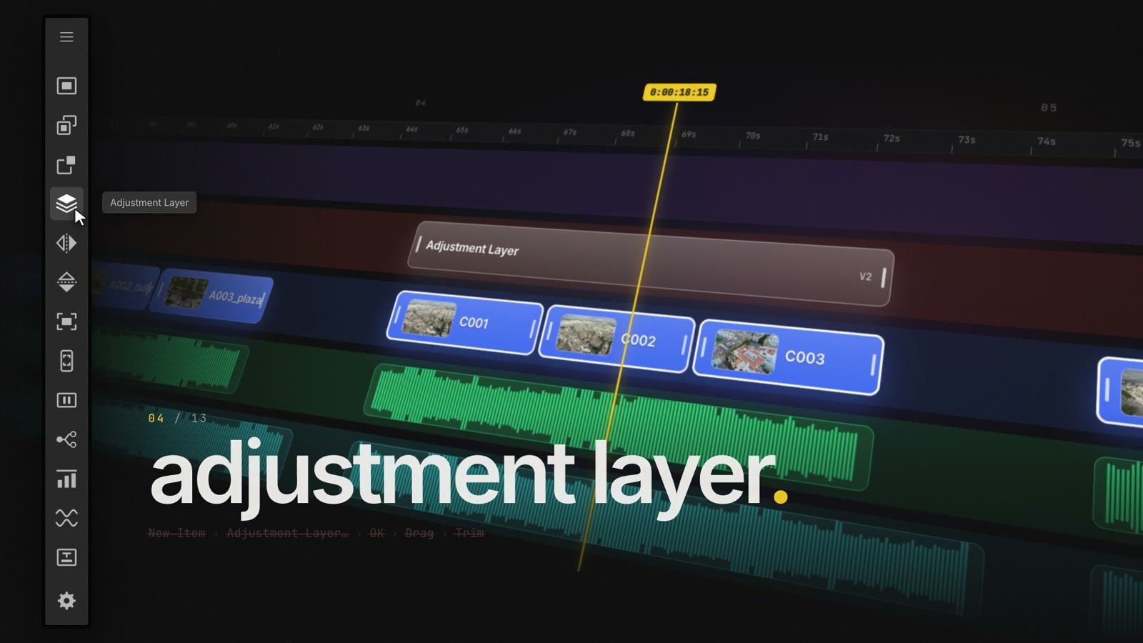 SDUI panel in Premiere Pro next to a timeline, Adjustment Layer button pressed